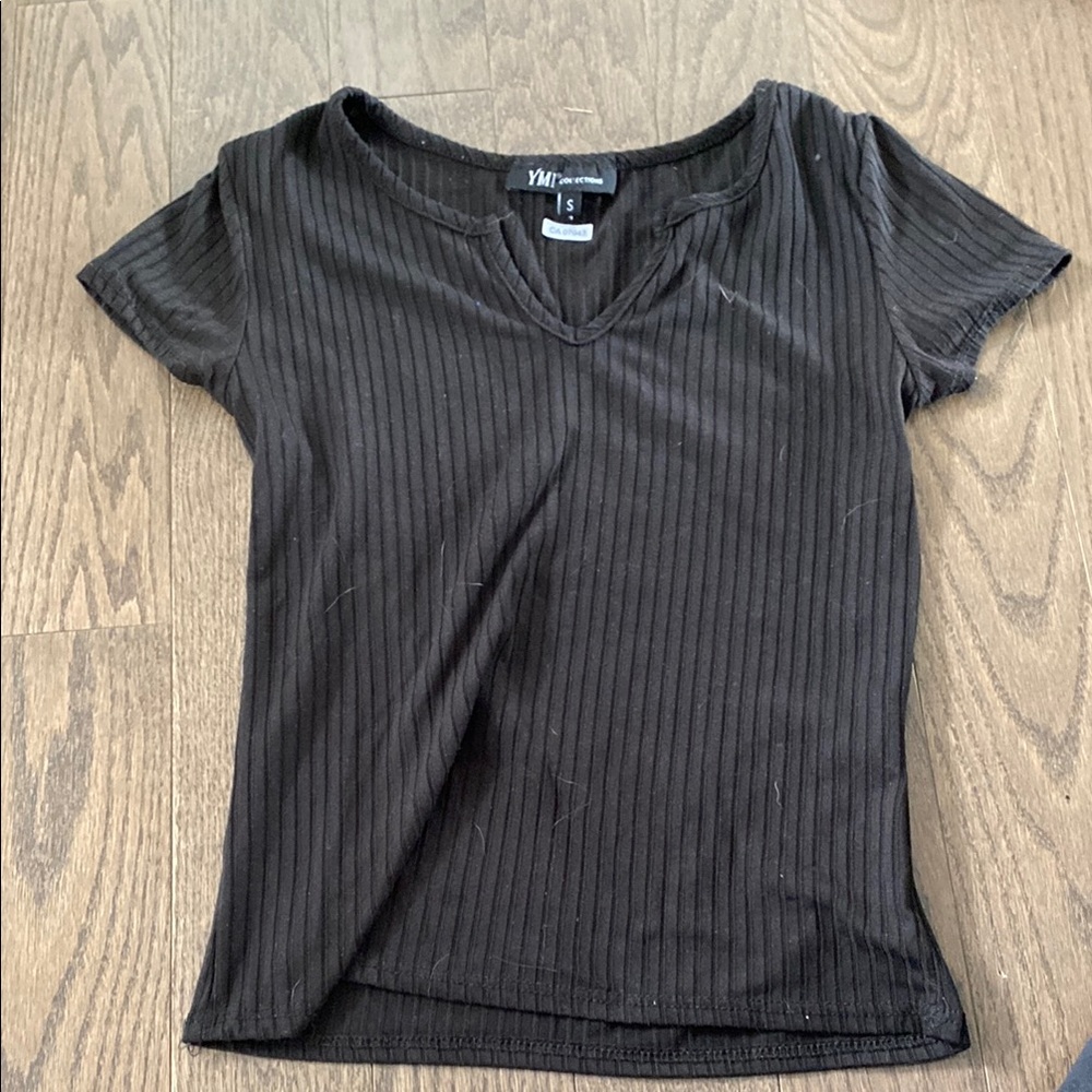 YMI Black Ribbed Fitted Short Sleeve Tee